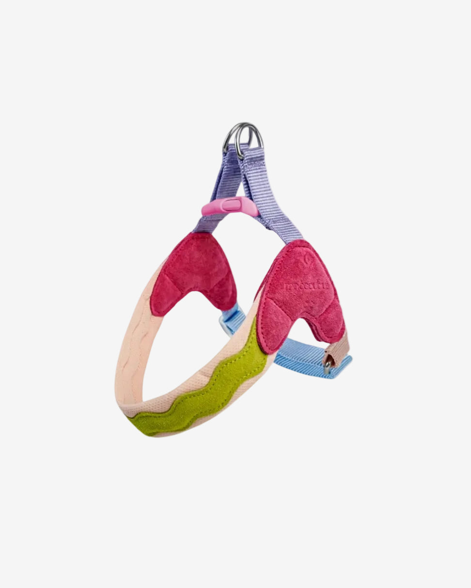 Colorful dog harness with a pink and green island-inspired colour design on a white background#color_hawaii-beach
