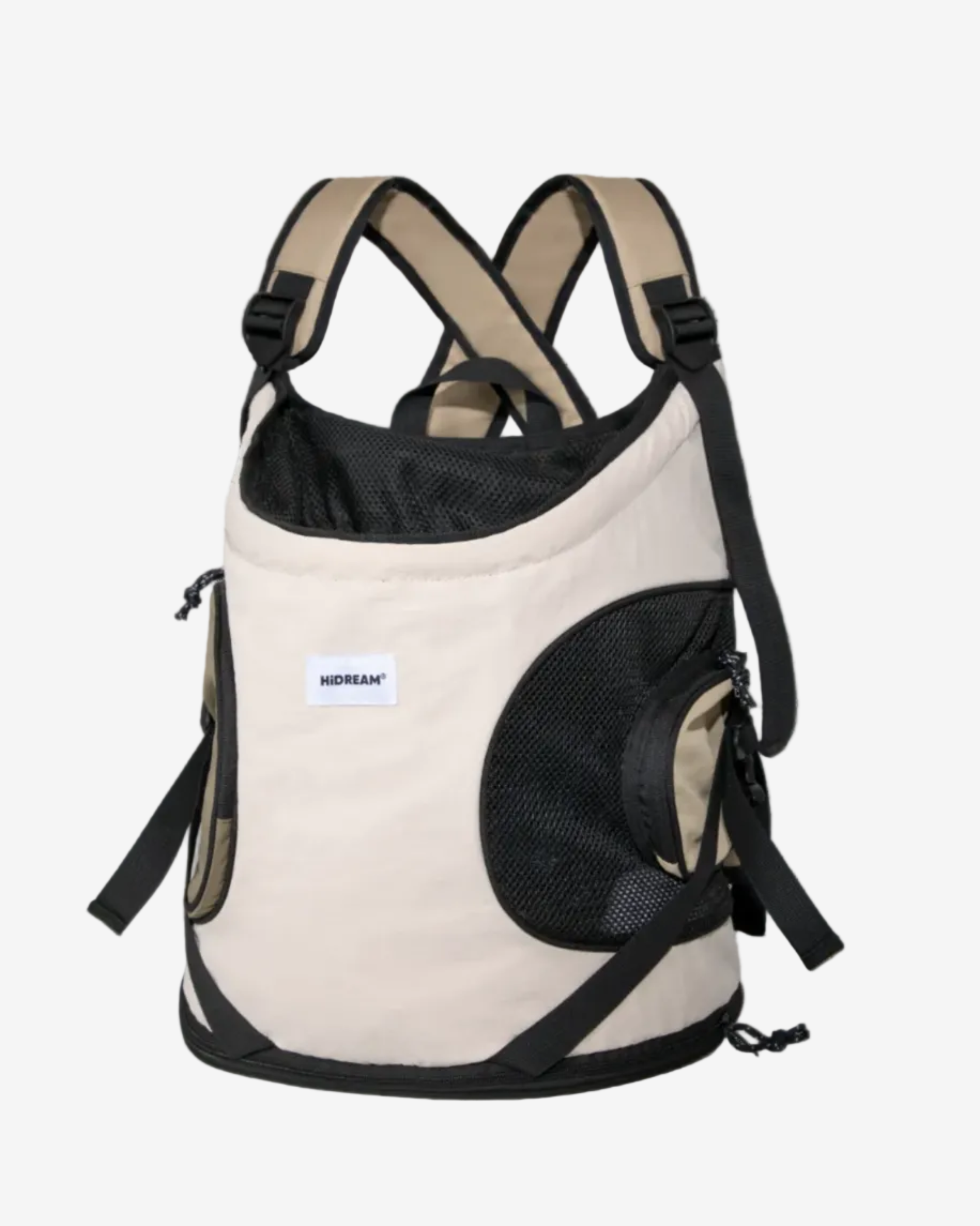 A front pet carrier backpack with beige and black colors, featuring padded straps and a mesh window for the pet.