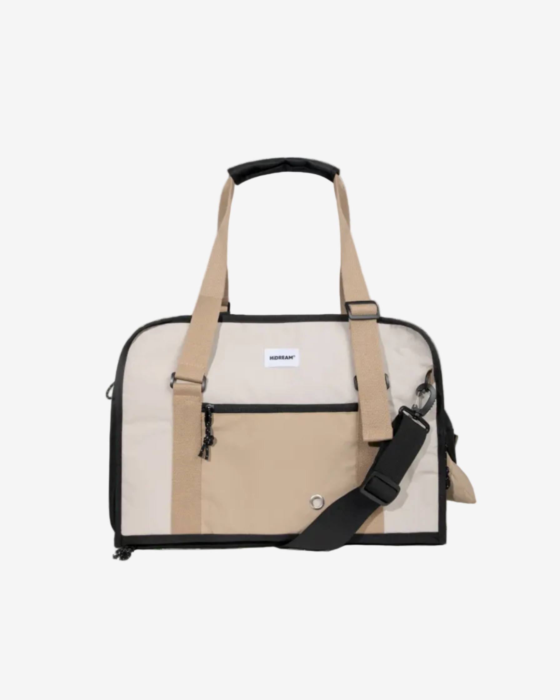 A Pet Outdoor Sling Tote Bag with a black and beige color scheme, featuring a wide opening and straps for carrying.