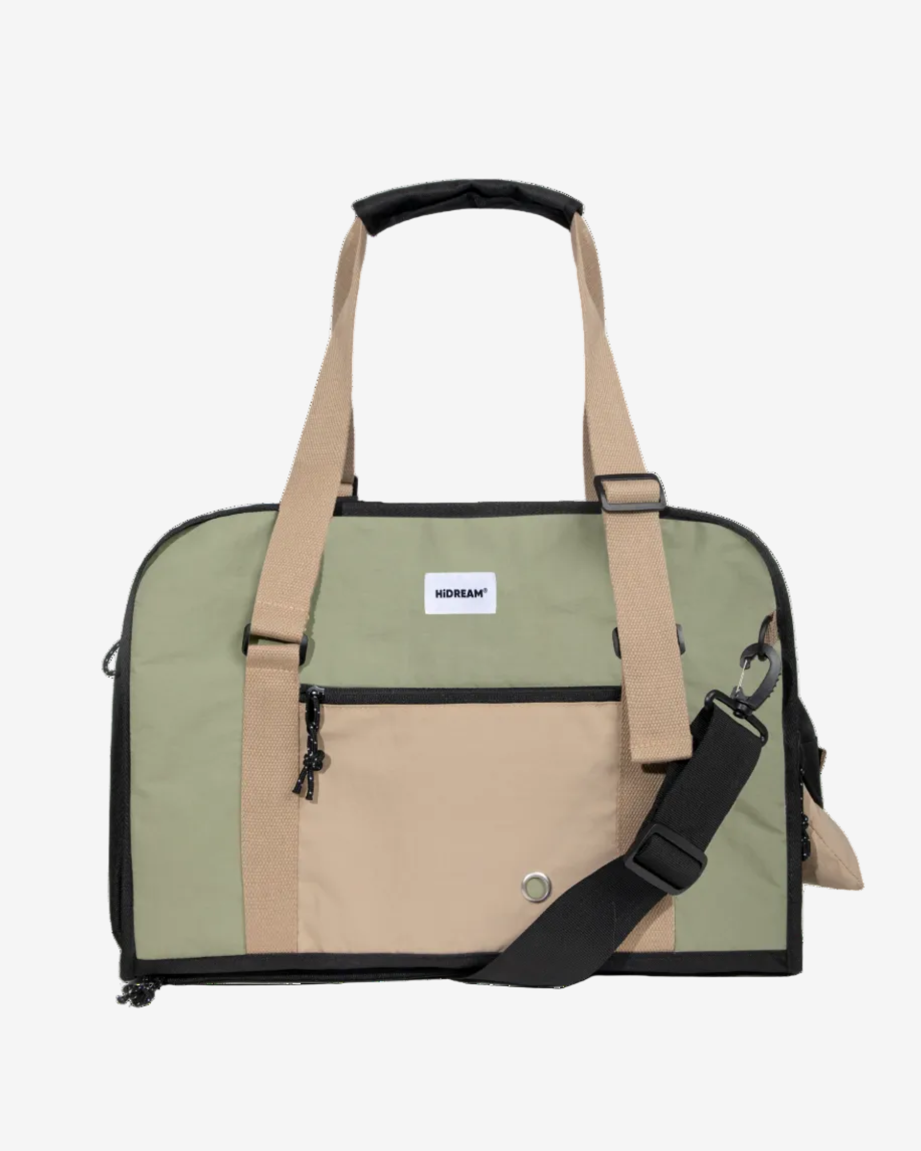A Pet Outdoor Sling Tote Bag with a black and beige color scheme, featuring a wide opening and straps for carrying.