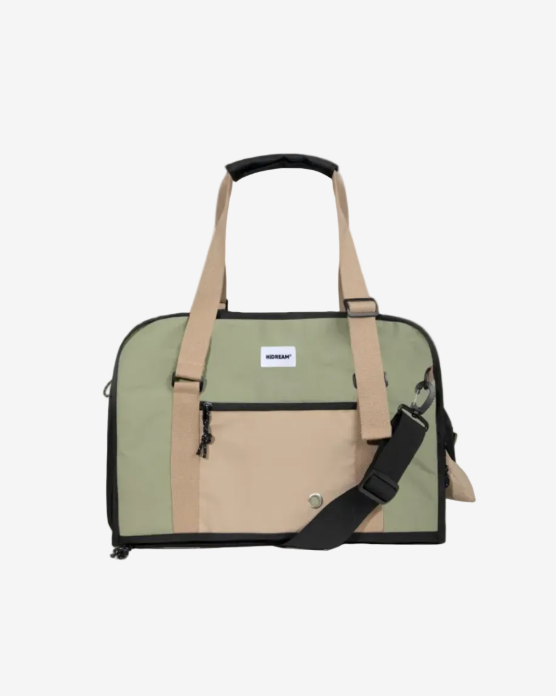 A Pet Outdoor Sling Tote Bag with a black and beige color scheme, featuring a wide opening and straps for carrying.