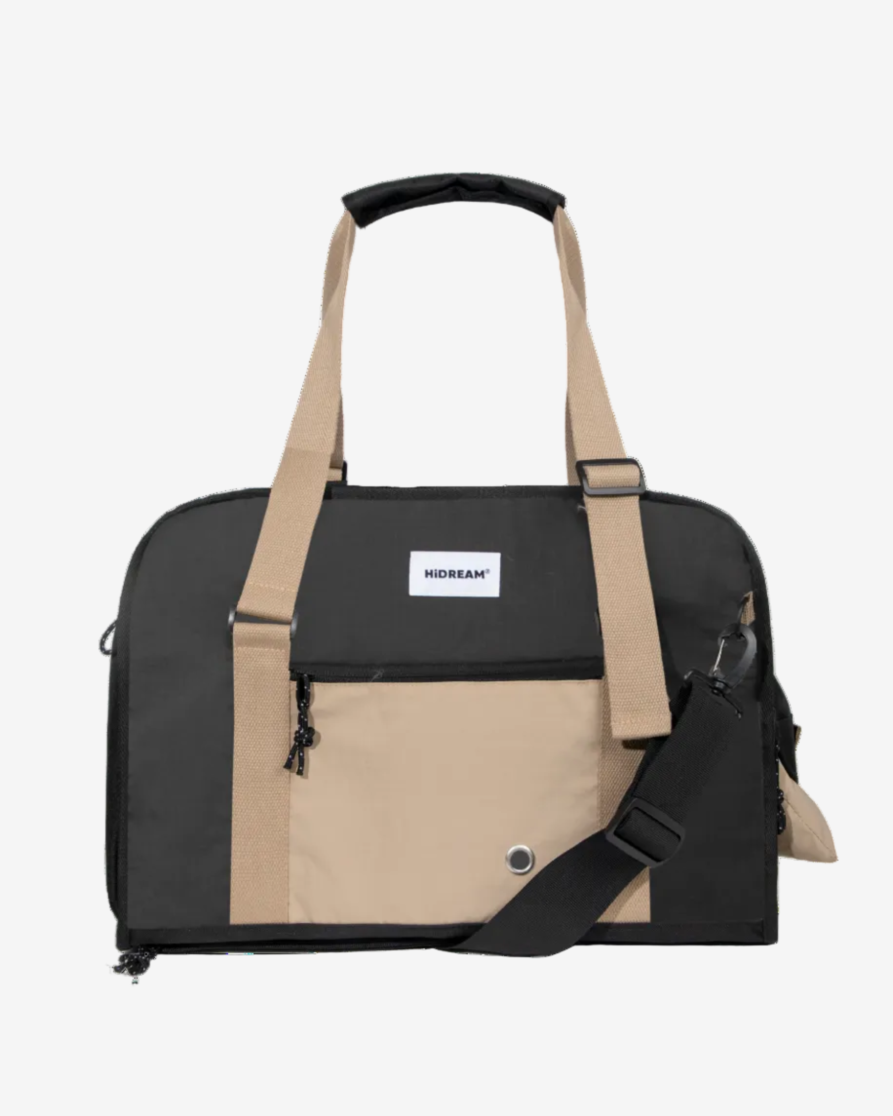 A Pet Outdoor Sling Tote Bag with a black and beige color scheme, featuring a wide opening and straps for carrying.
