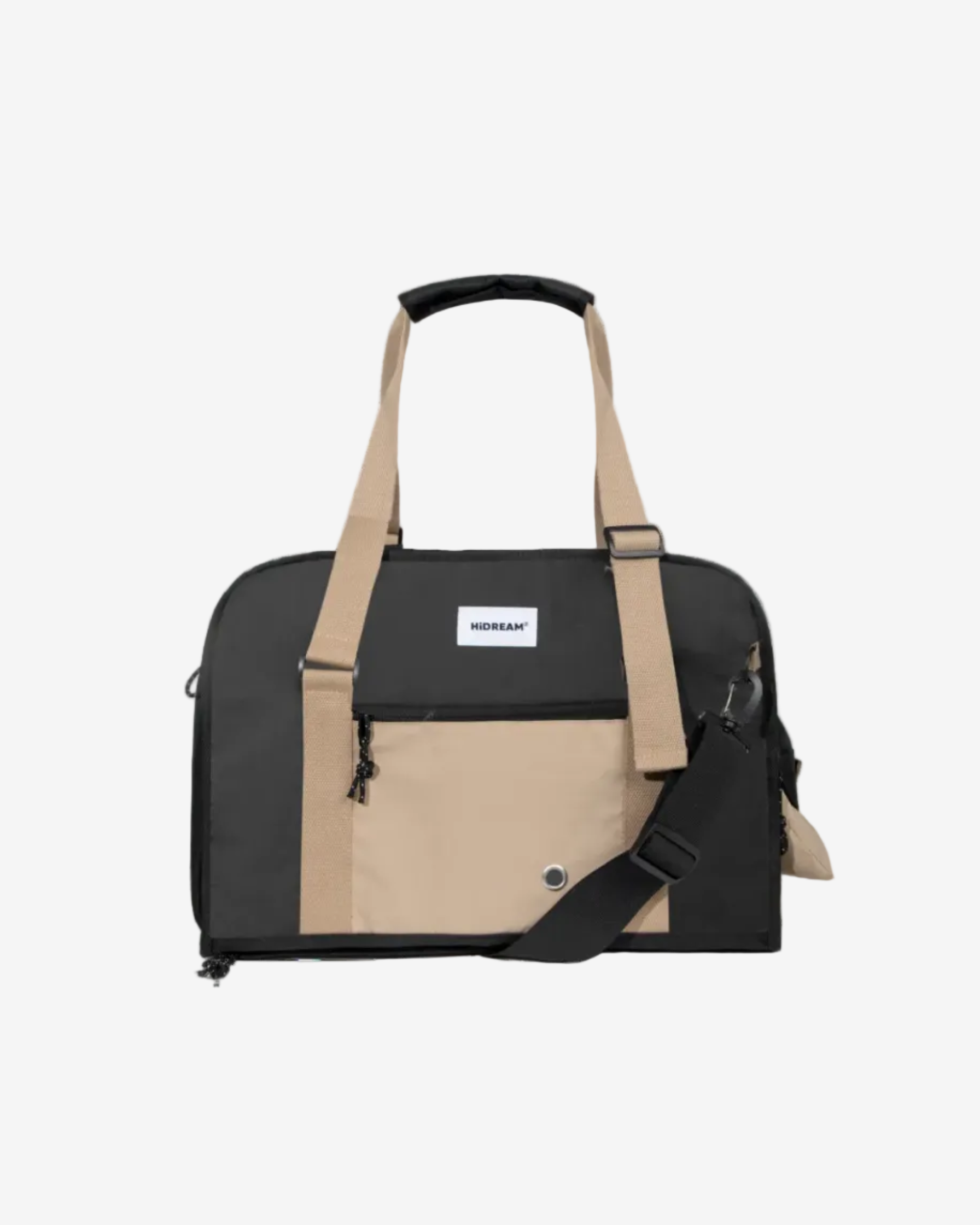 A Pet Outdoor Sling Tote Bag with a black and beige color scheme, featuring a wide opening and straps for carrying.