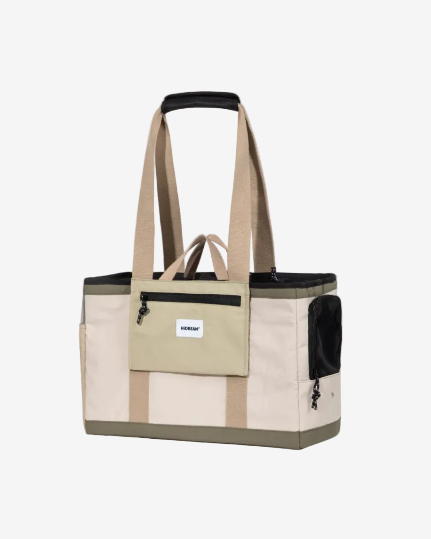 A beige and brown casual pet sling bag with straps and a mesh panel, suitable for carrying small pets.