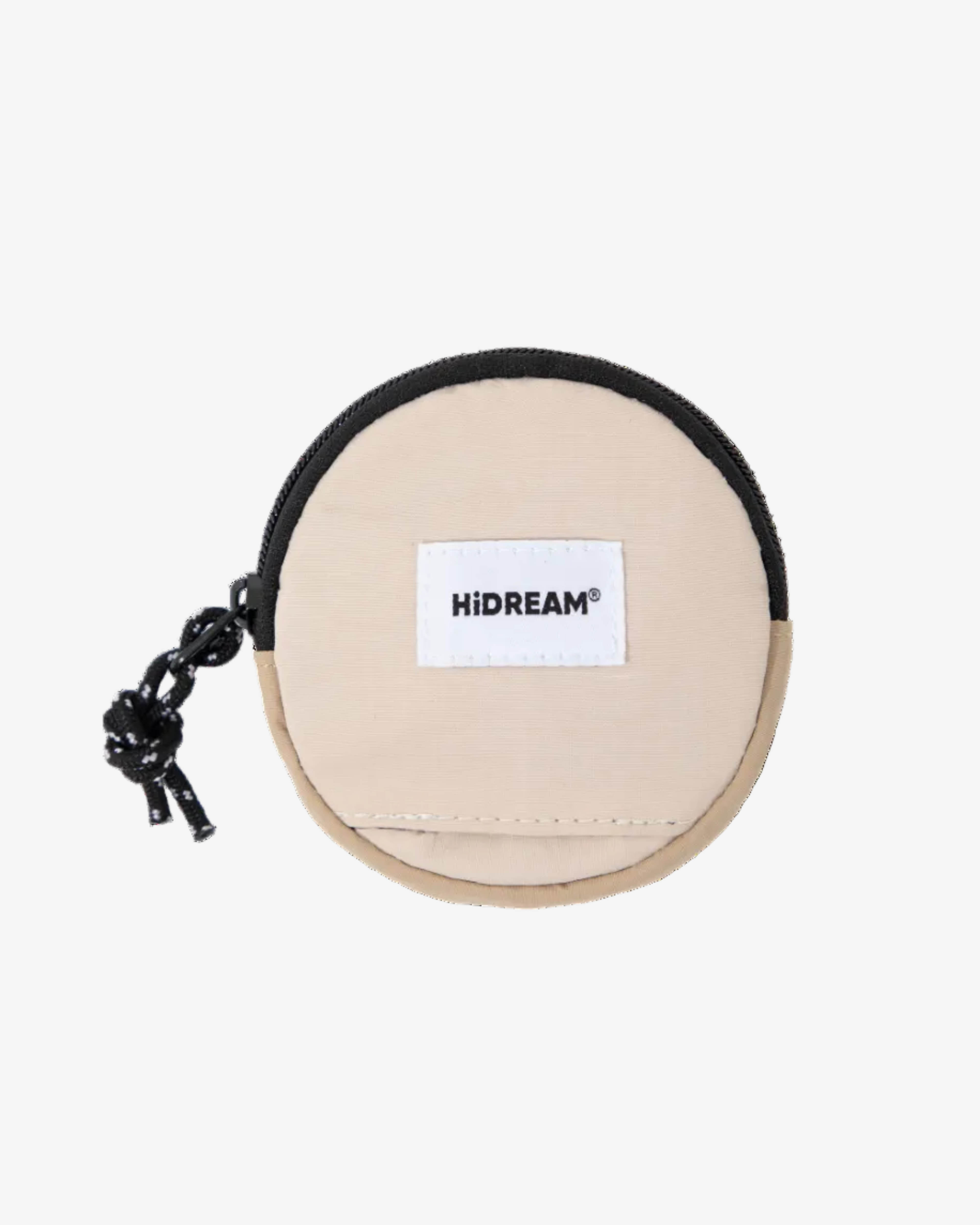 A beige round dog bag dispenser with a transparent front panel, a black clip-on carabiner, and the brand name 'HIDREAM' displayed at the top.