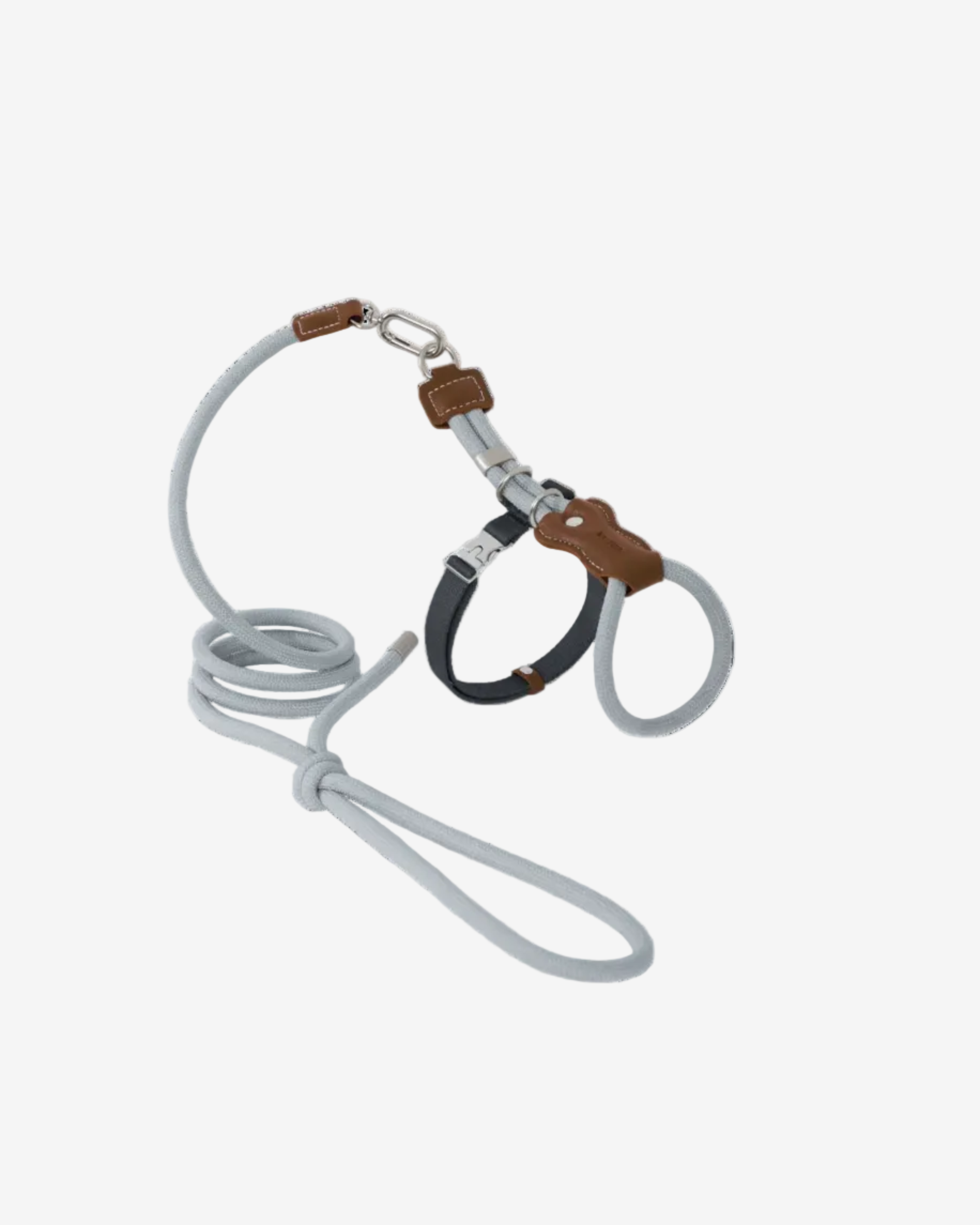 Leather Round Rope Cat Harness Set -Sliver Grey