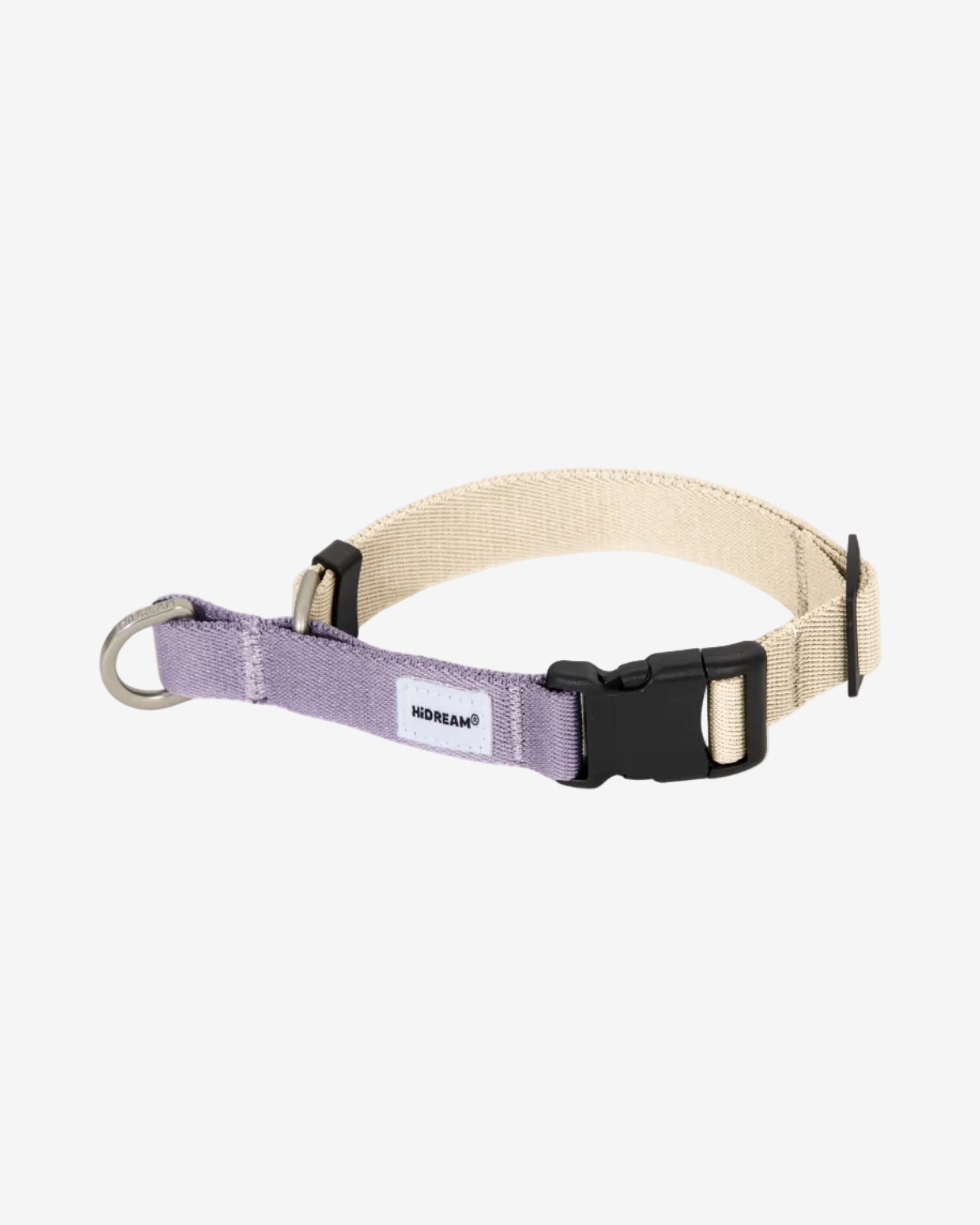 Dog collar with purple strap and beige padding on a white background