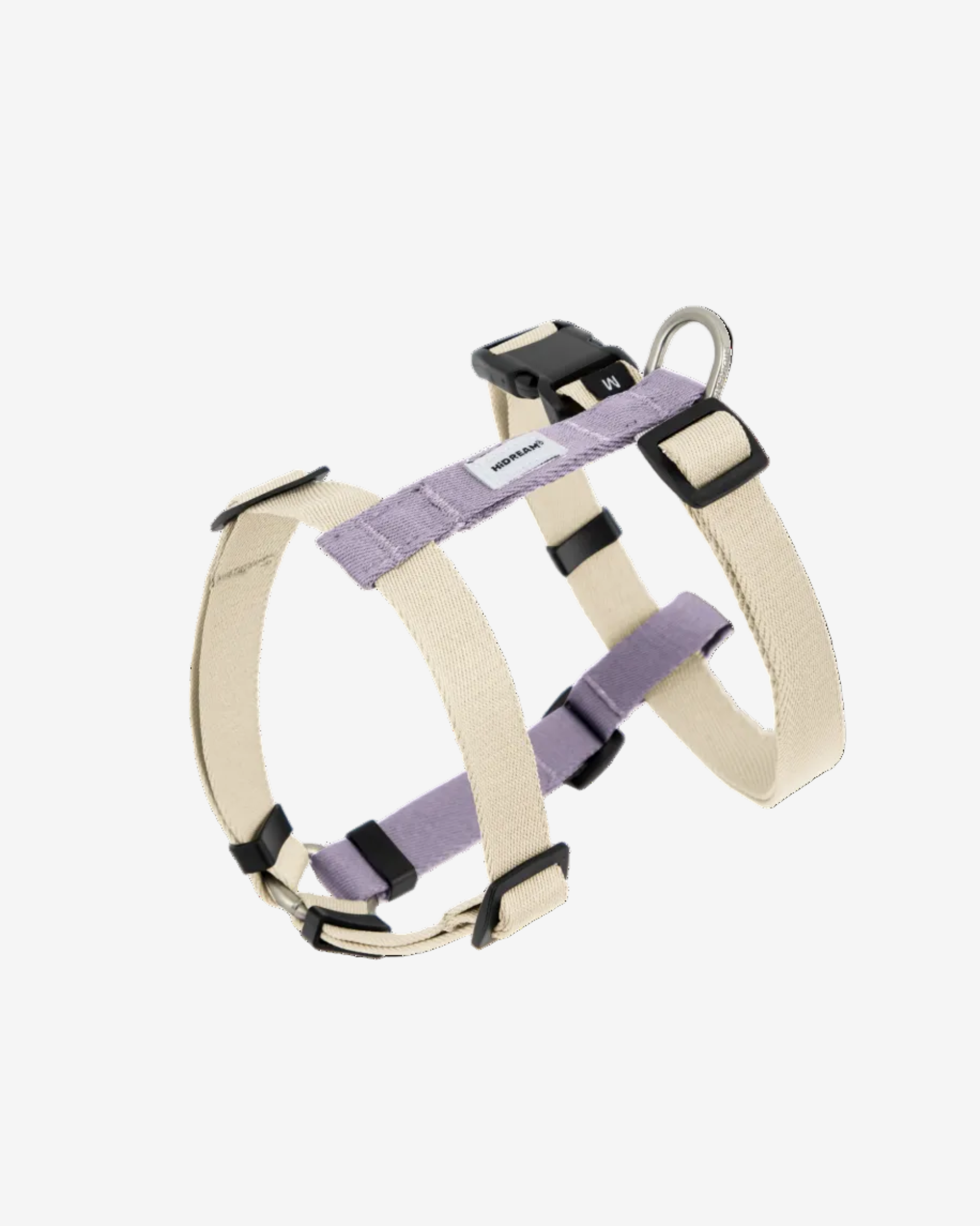 An H-style adjustable dog harness vest and leash set in beige color, isolated on a white background.