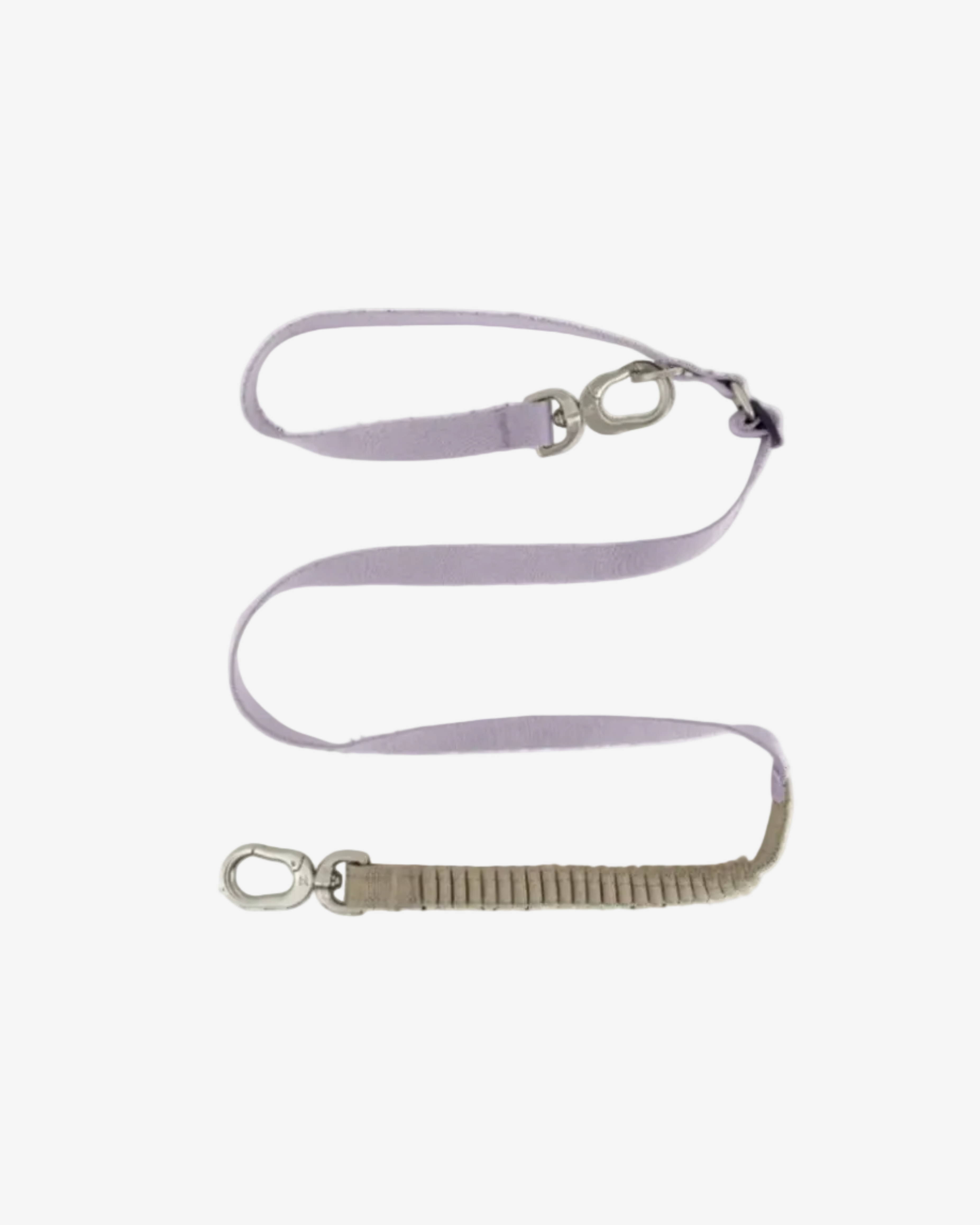 A silver-colored anti-pull multi-functional dog leash with a bungee section and metal clasps.