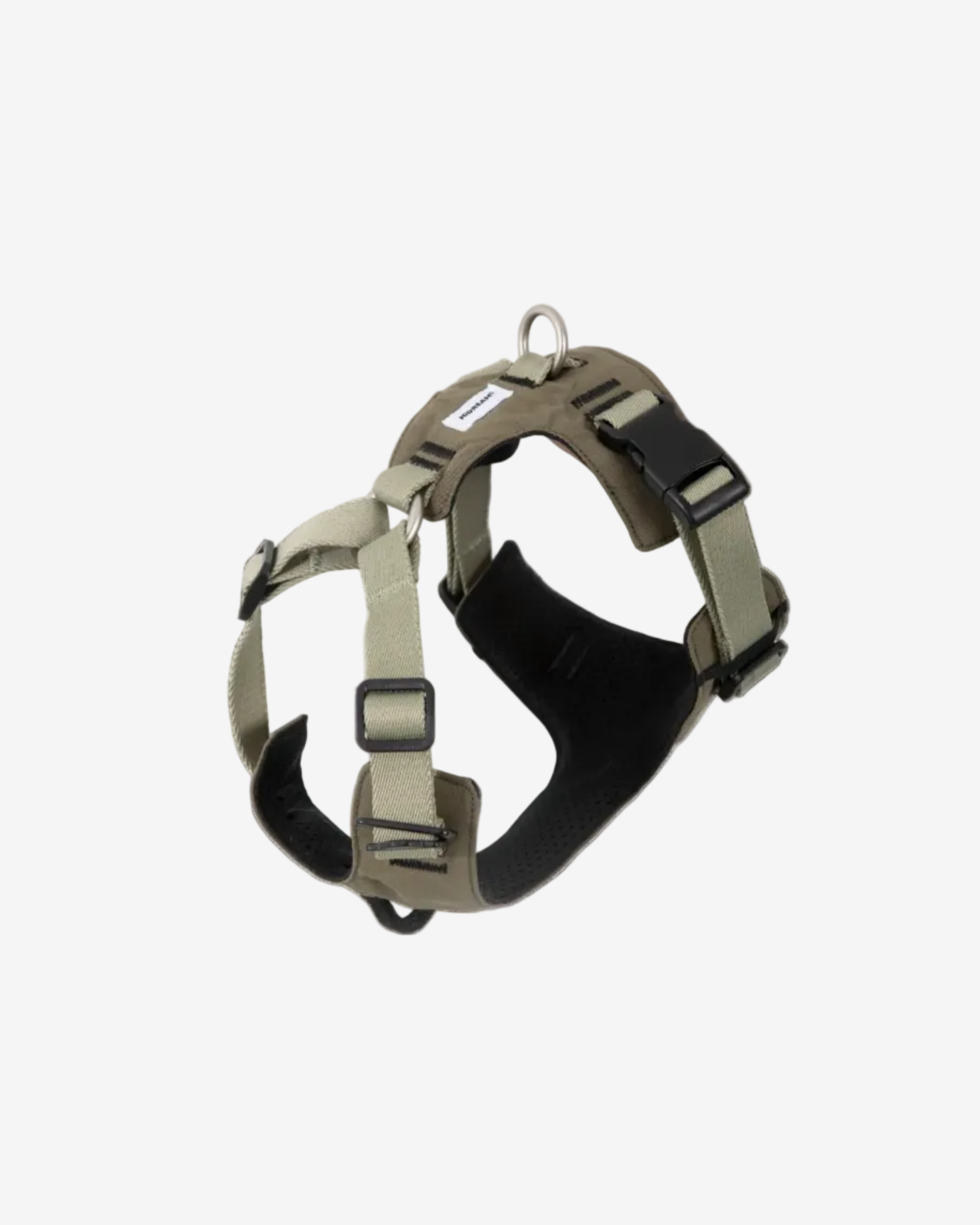 Dog sport harness with black straps on a white background
