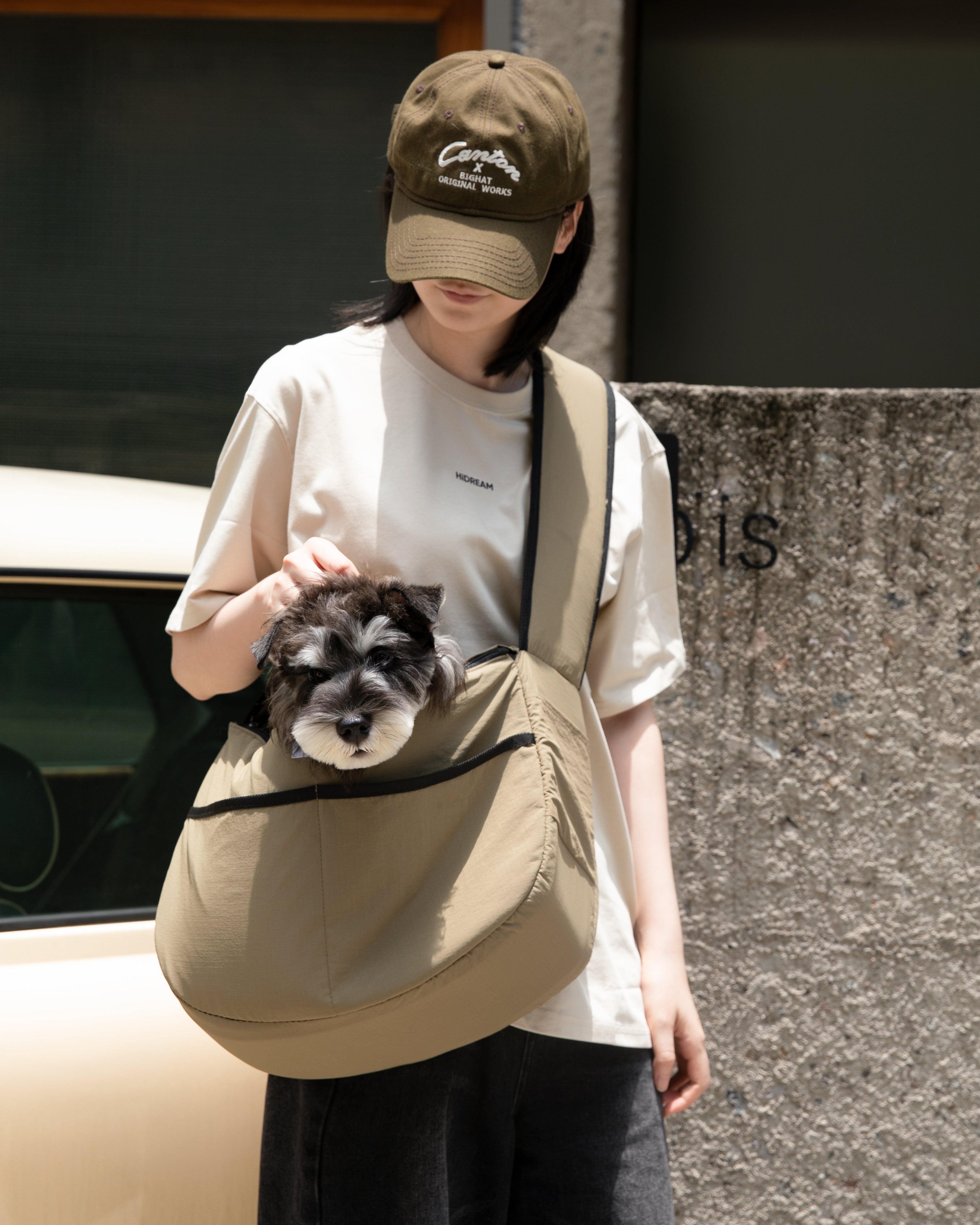 Person holding a small dog in a sling bag outdoors.