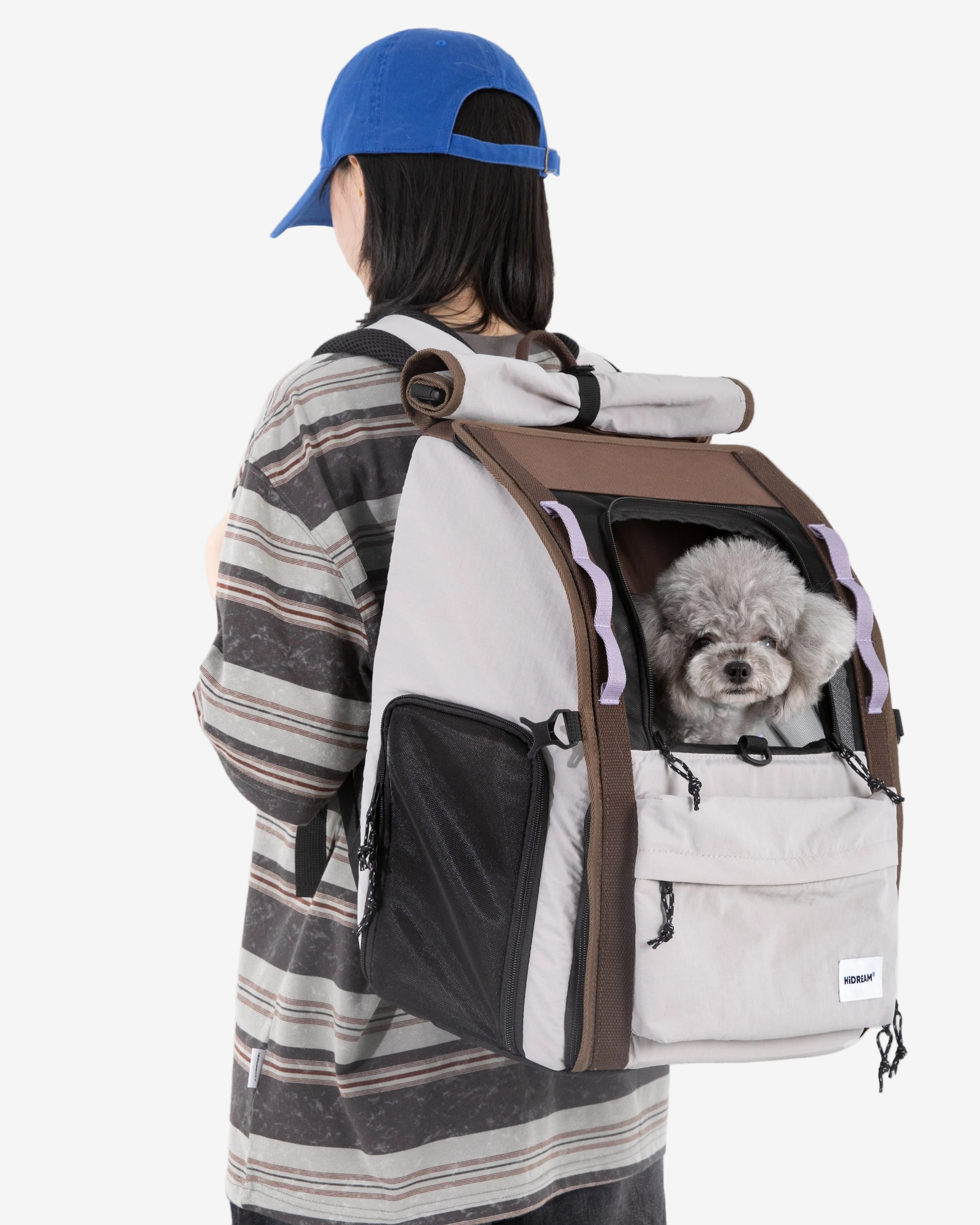Person wearing a large backpack with a small dog inside, on a plain background