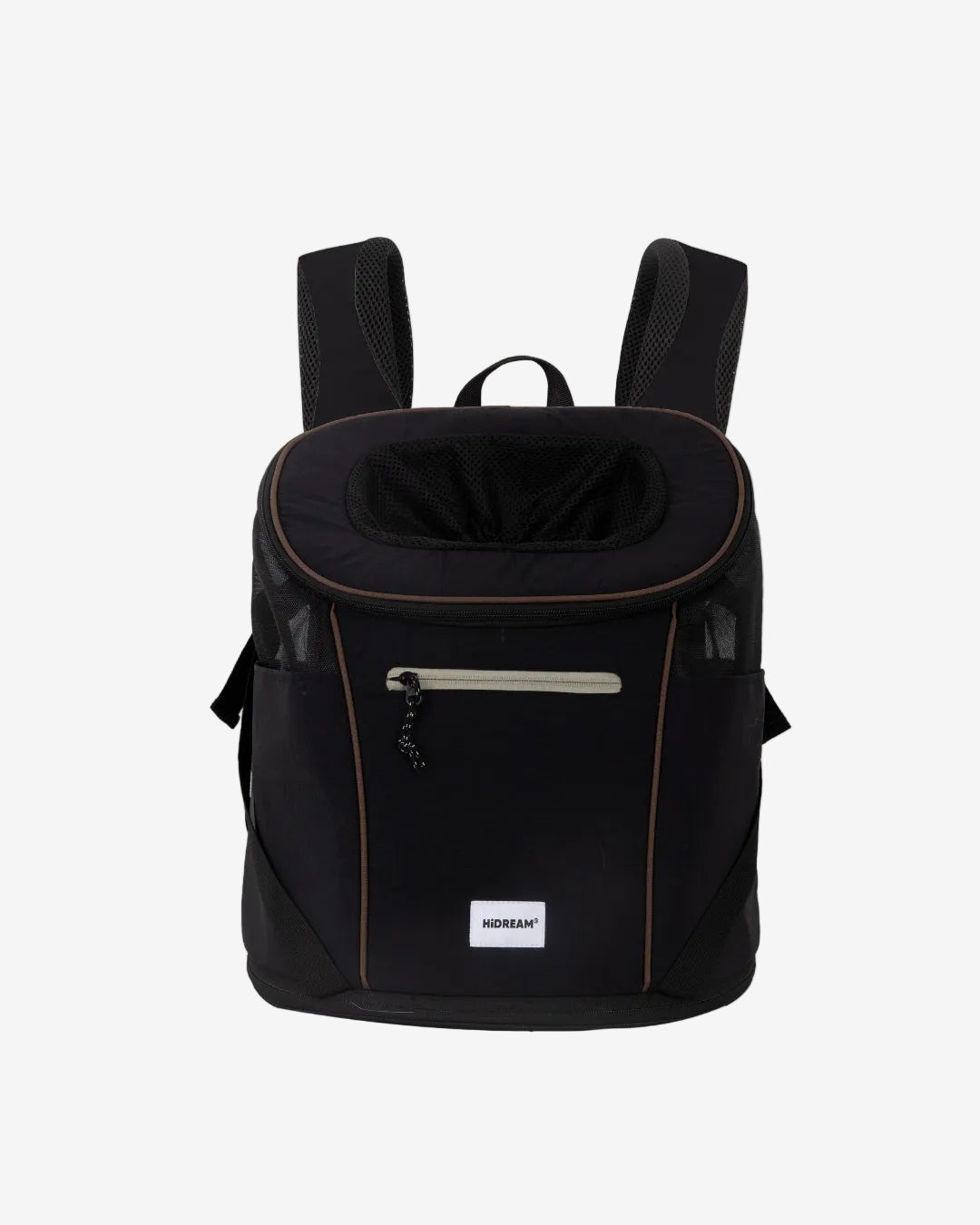 Black backpack with a visible brand logo on a white background