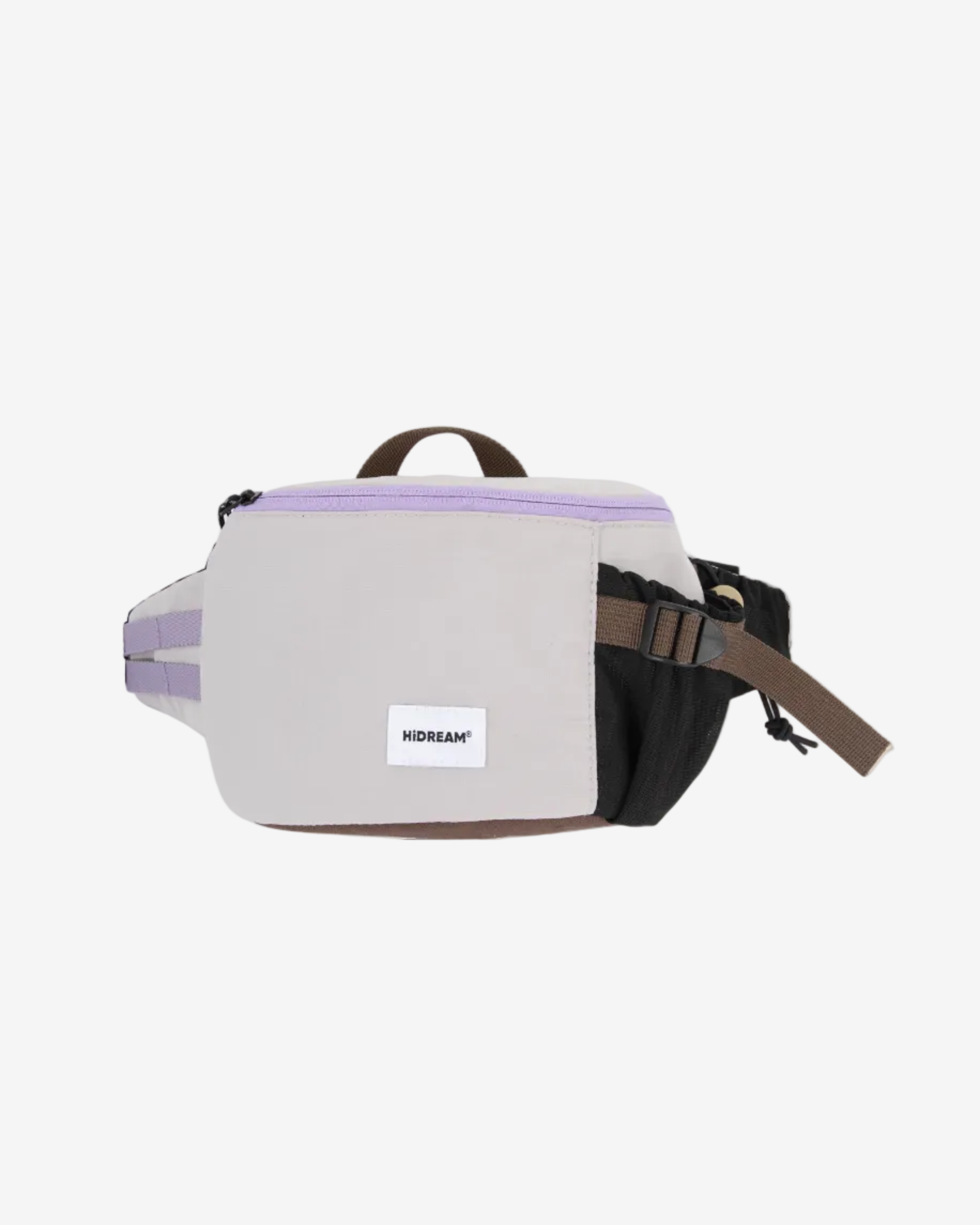 Multicolored waist bag with a visible brand label on a white background