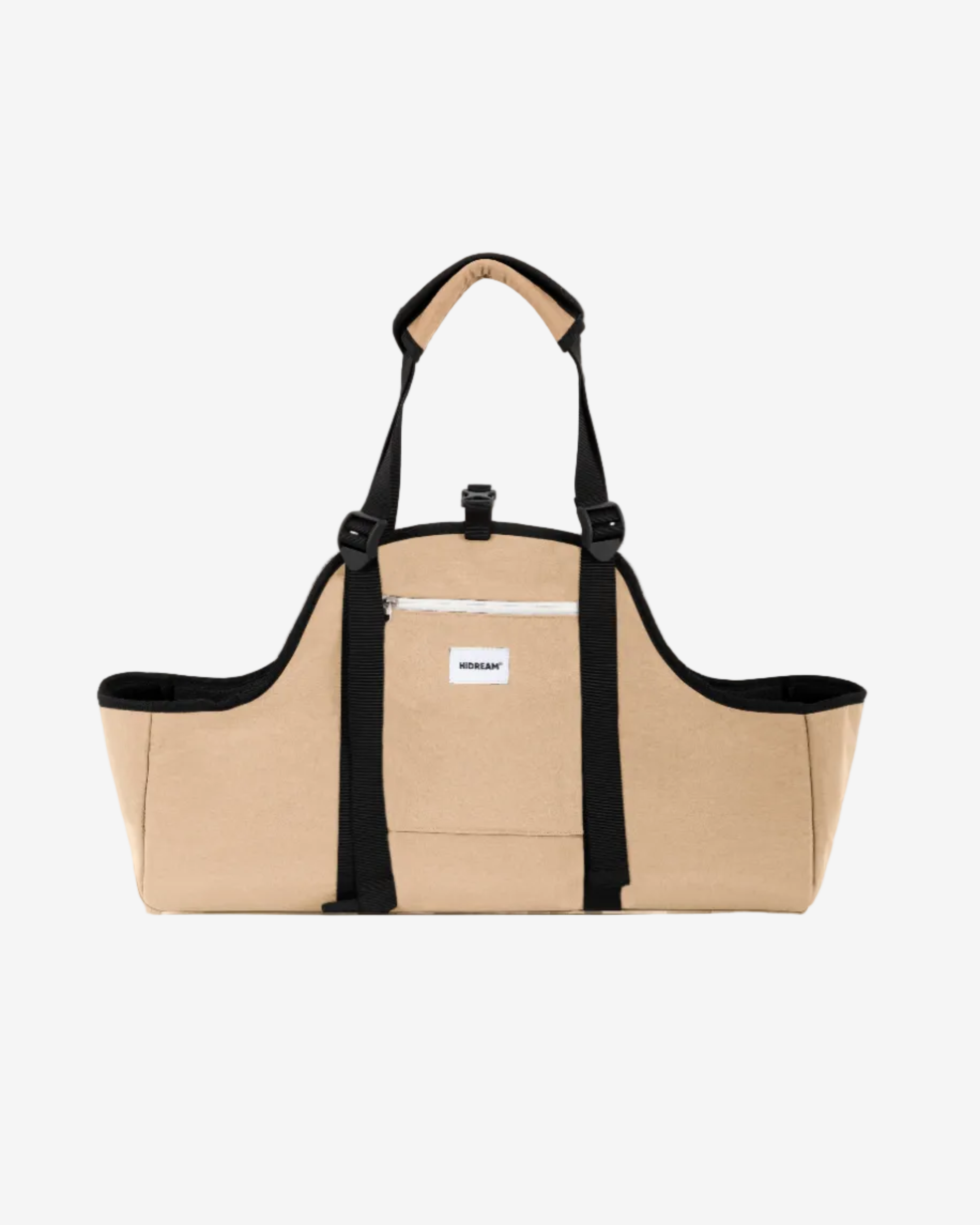 Beige Dachshund bag with black straps on a white background