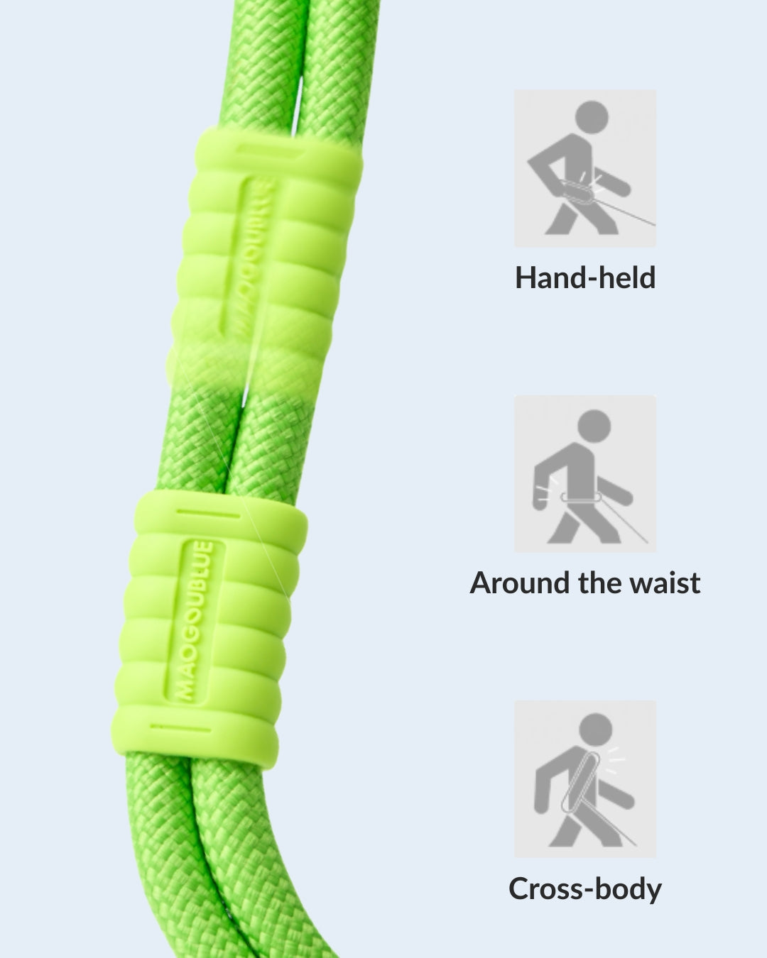 Marshmallow Dog Leash usage guide showing three ways to wear: hand-held, around the waist, and cross-body – adjustable silicone sleeve design by MAYA