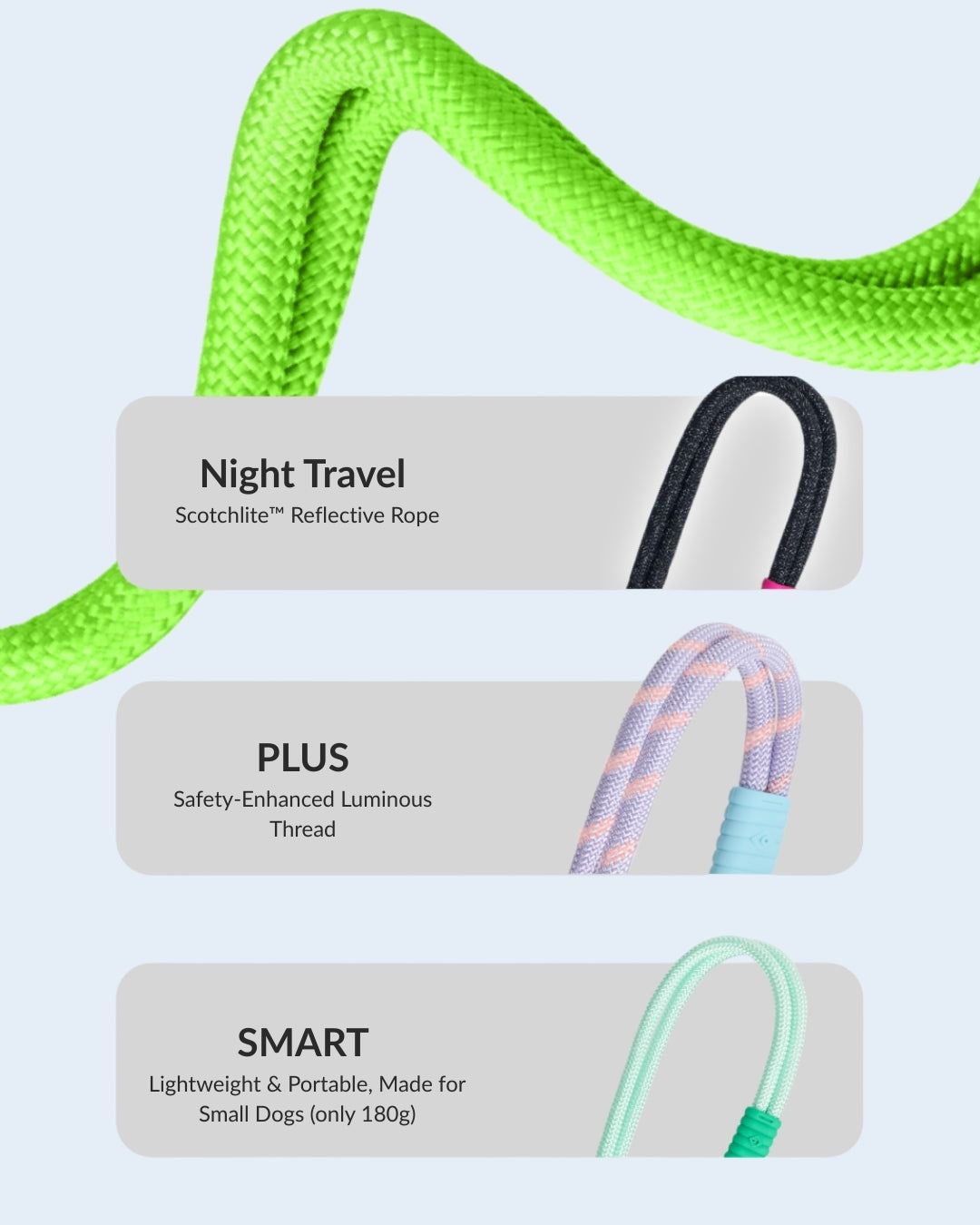 Marshmallow Dog Leash series comparison showing Night Travel reflective rope, PLUS luminous thread, and SMART lightweight version – MAYA
