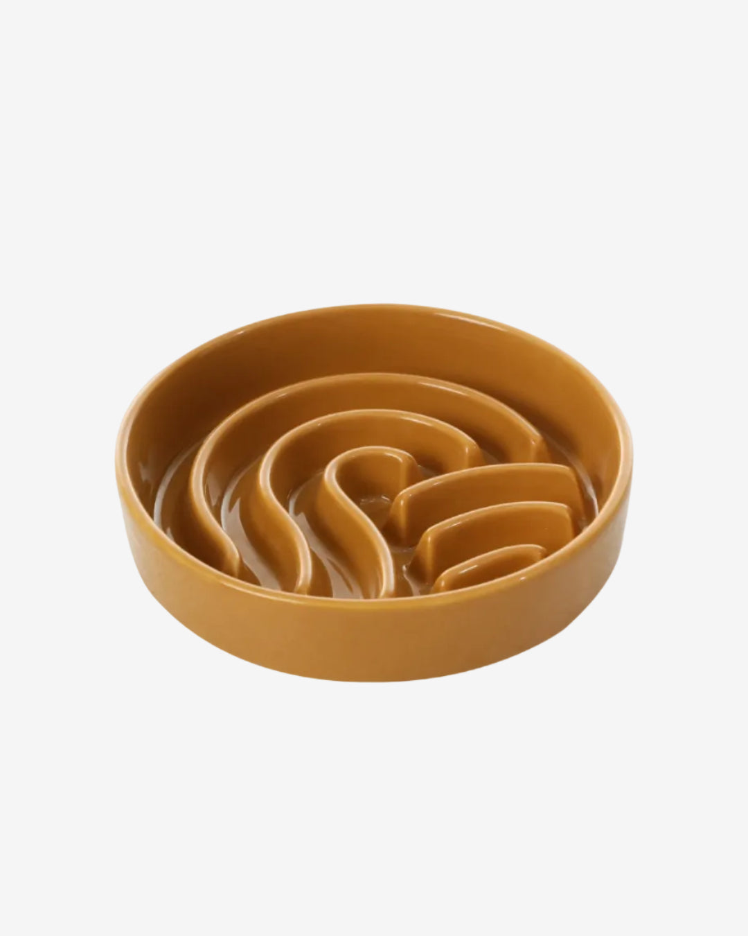 Brown wave-shaped ceramic slow feeder dog bowl on a white background