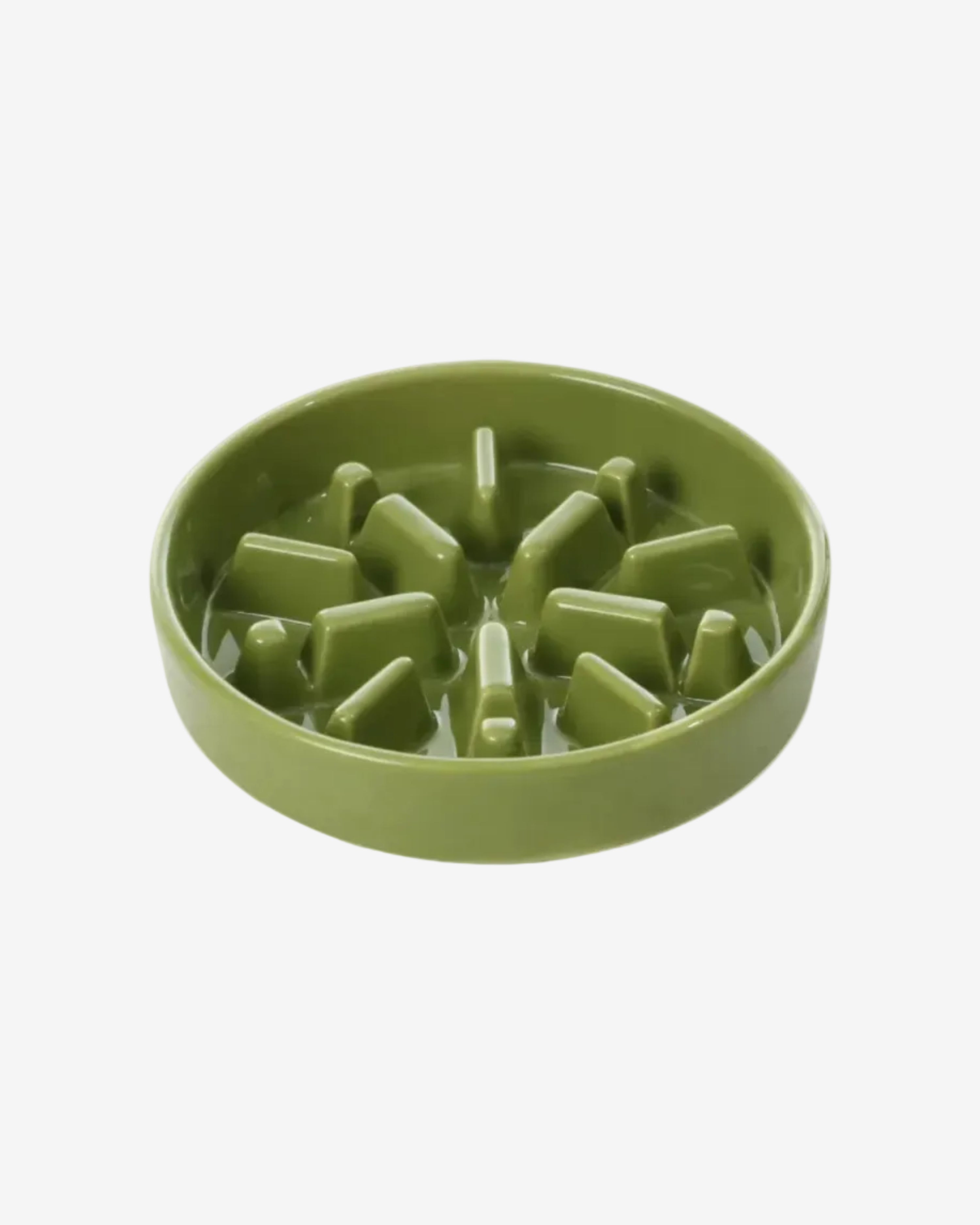 Green spark-shaped ceramic slow feeder bowl for pets on a white background
