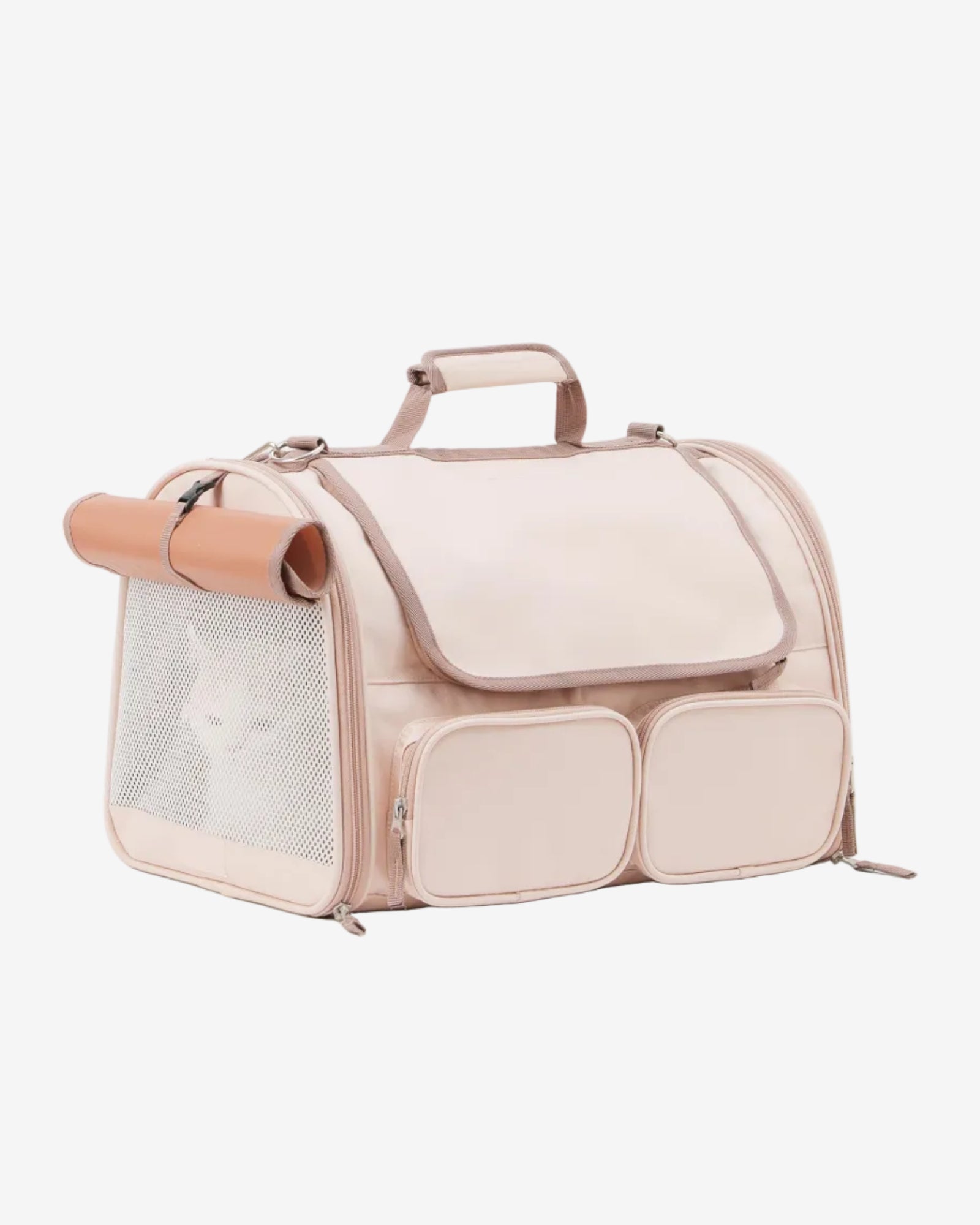 Pet carrier with mesh side, handle, and straps on a white background