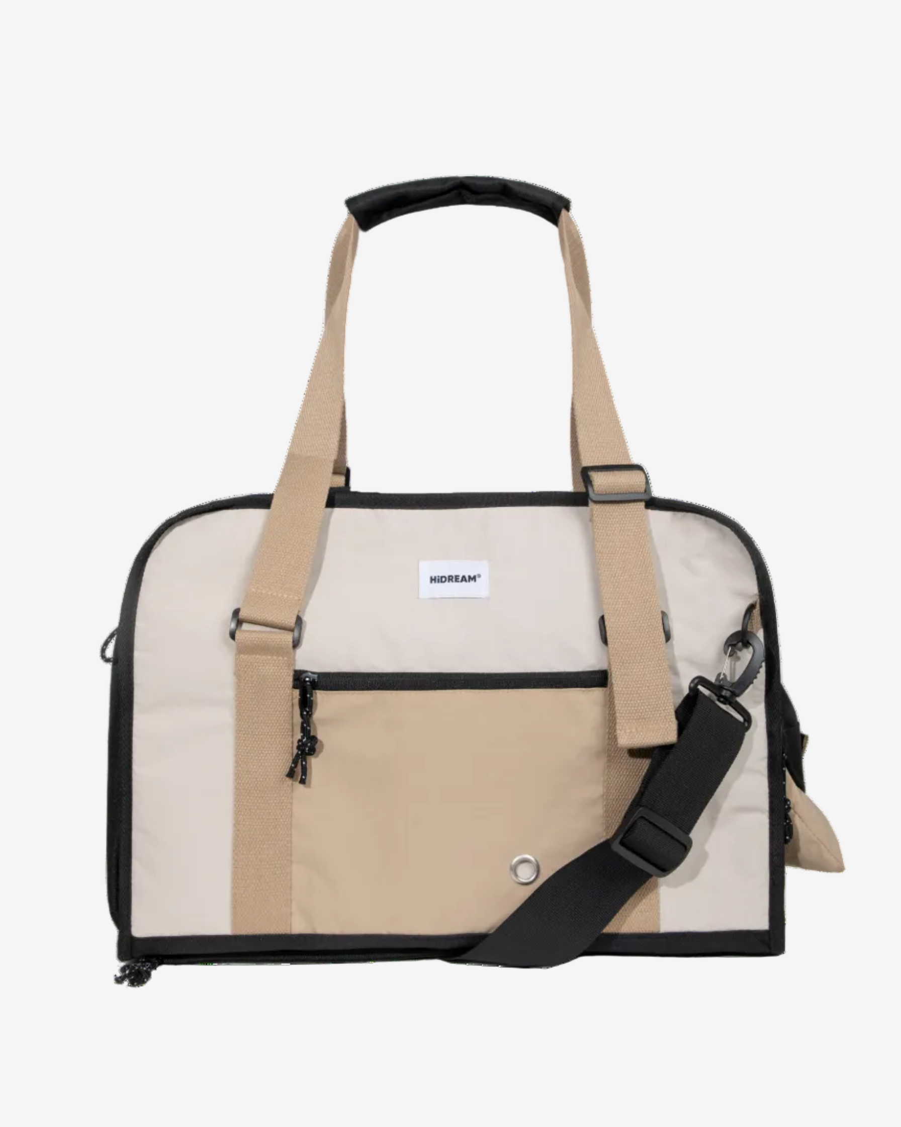 A Pet Outdoor Sling Tote Bag with a black and beige color scheme, featuring a wide opening and straps for carrying.