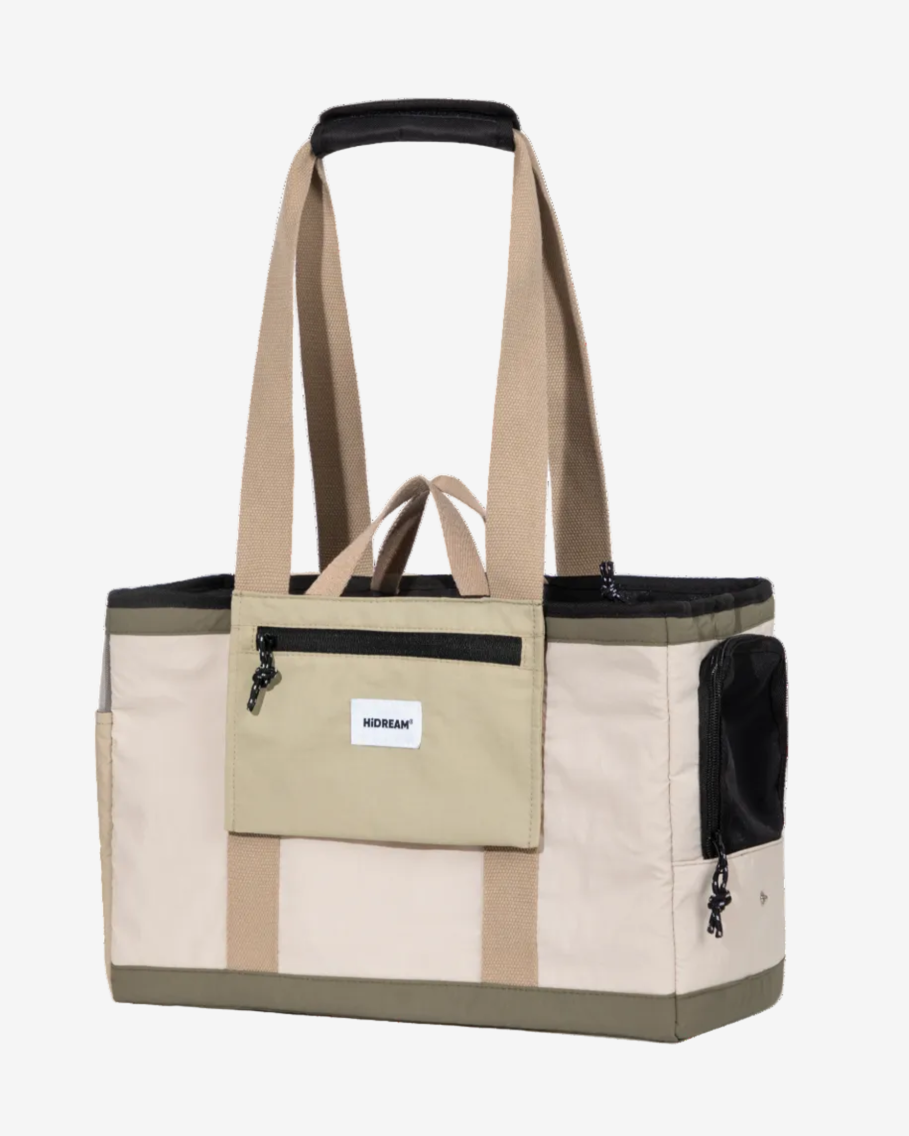 A beige and brown casual pet sling bag with straps and a mesh panel, suitable for carrying small pets.