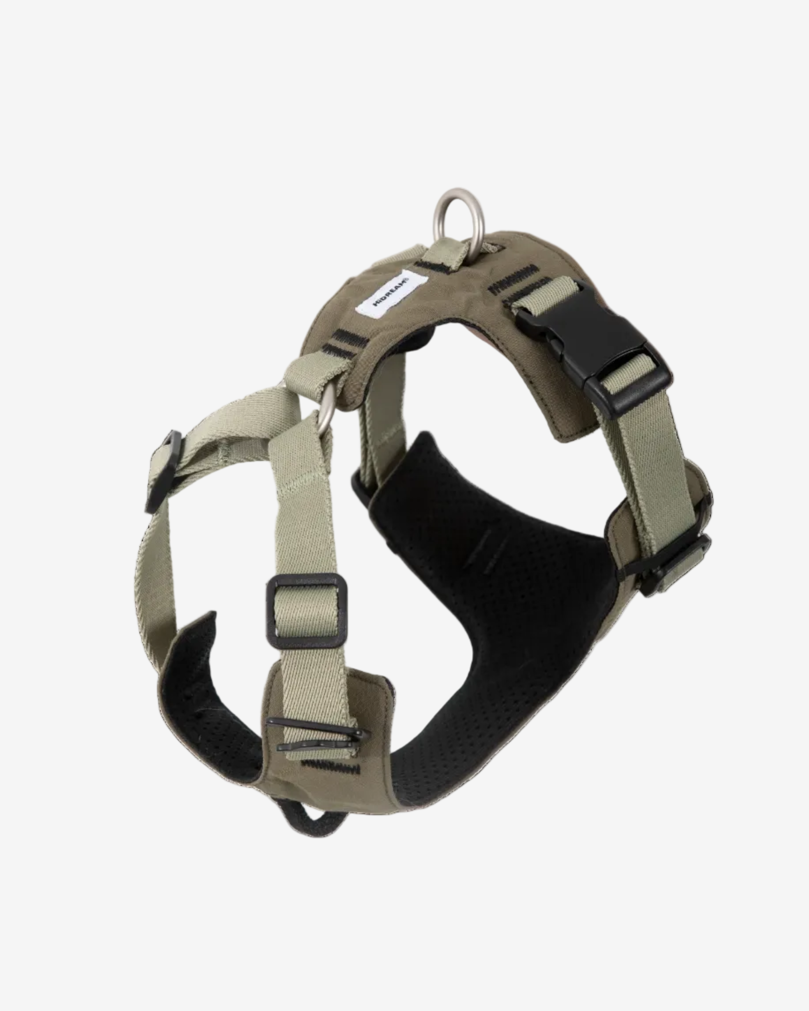 Dog sport harness with black straps on a white background