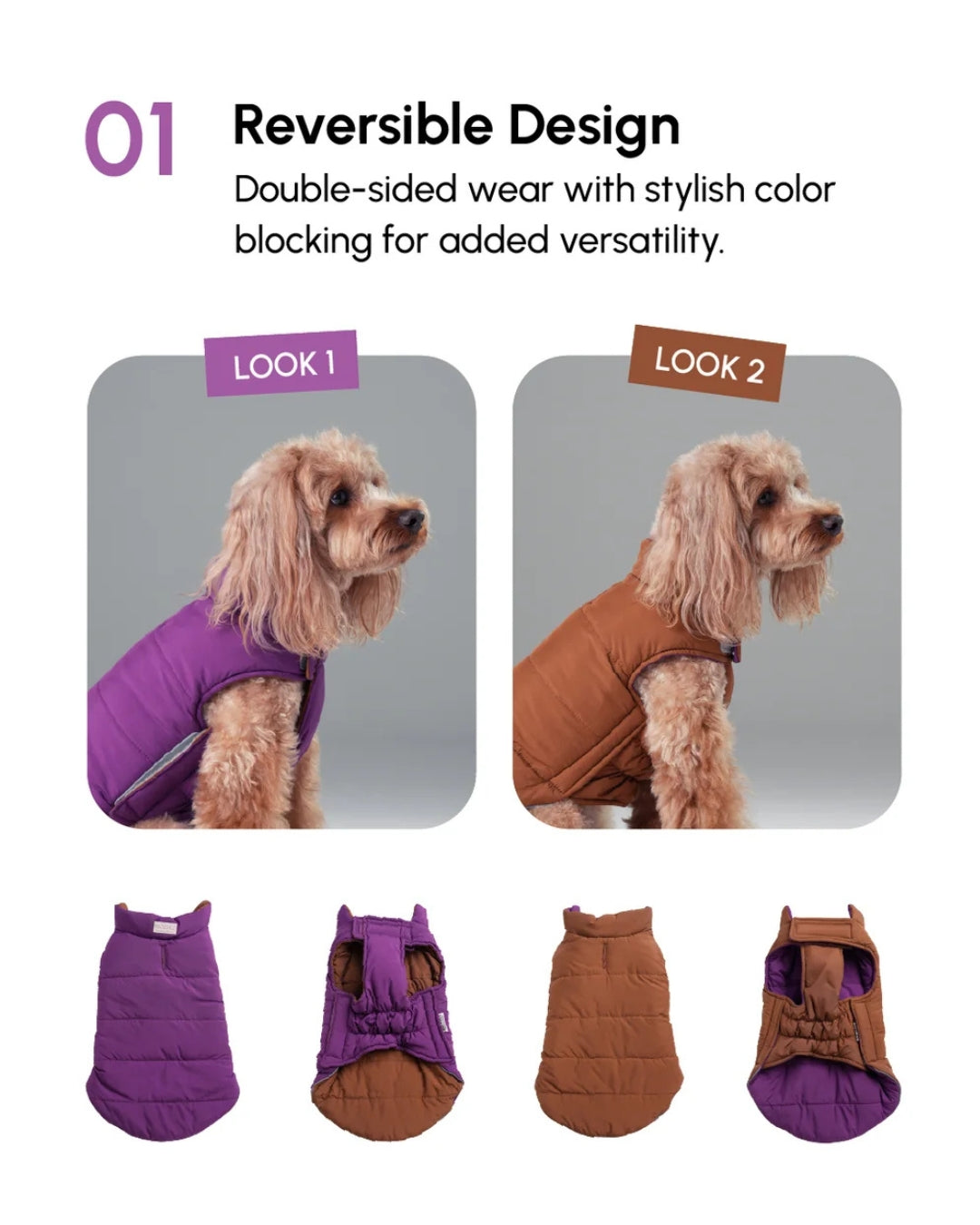 Reversible Dog Vest Jacket - Purple/Caramel