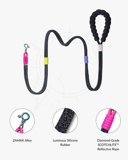 Reflective rope dog leash with luminous silicone rubber, ZAMAK alloy clip, and diamond-grade reflective rope by MAYA