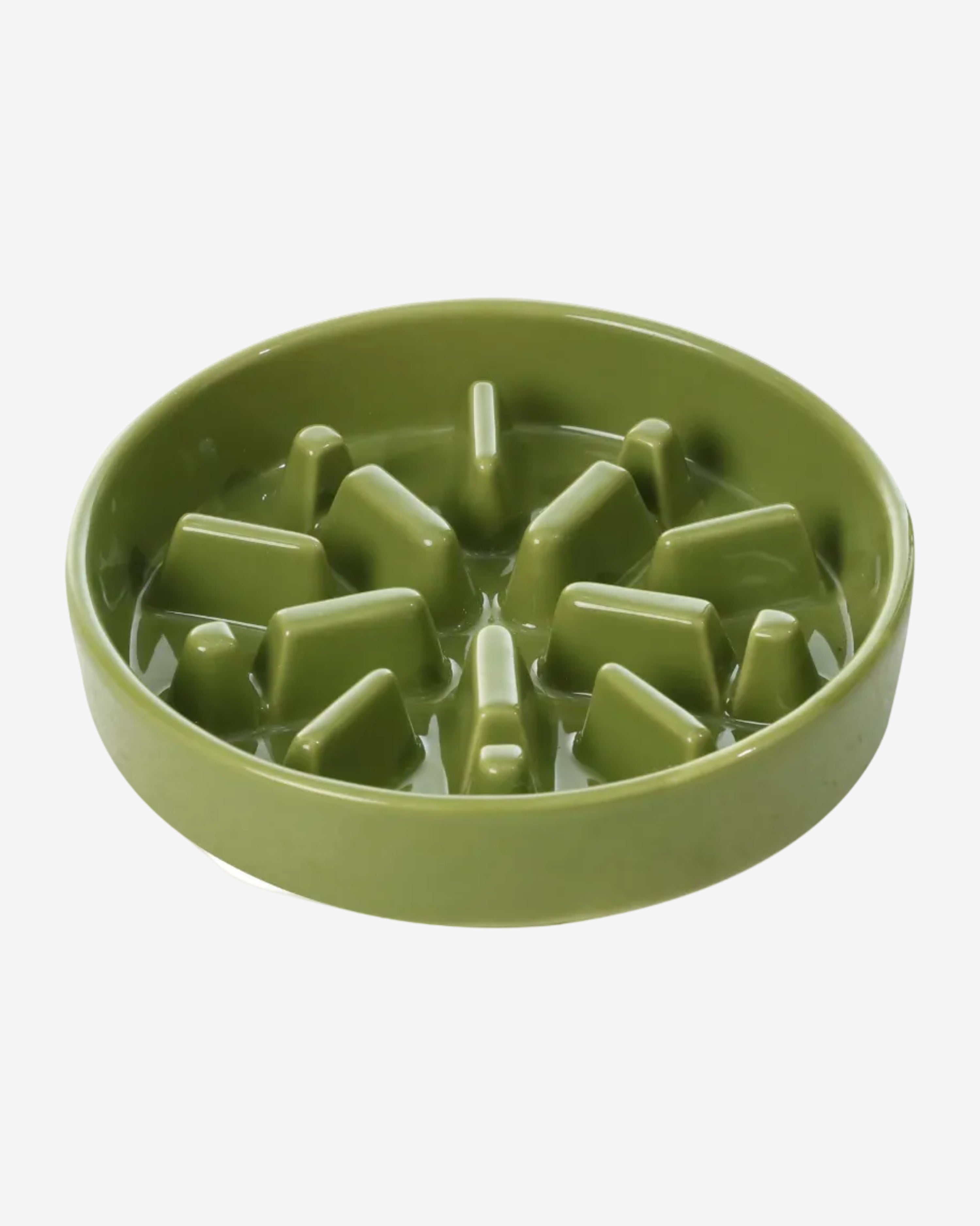 Green spark-shaped ceramic slow feeder bowl for pets on a white background