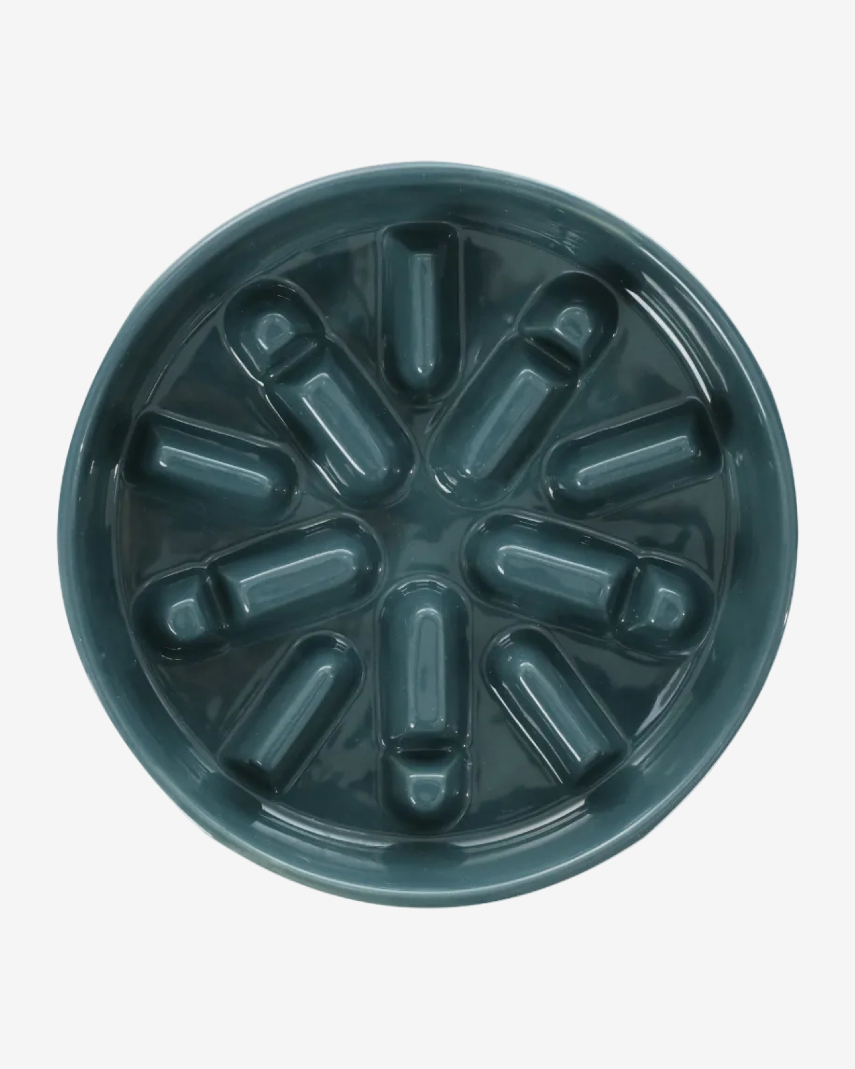 Blue spark-shaped slow feeder dog bowl on a white background